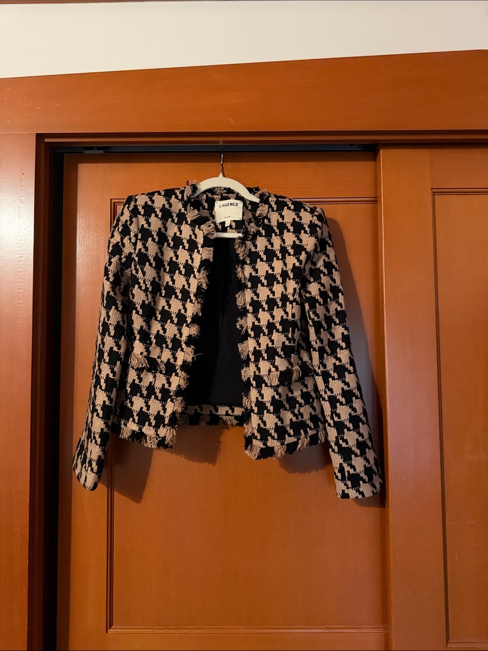 L’Agence Black and Tan Houndstooth Cropped Jacket